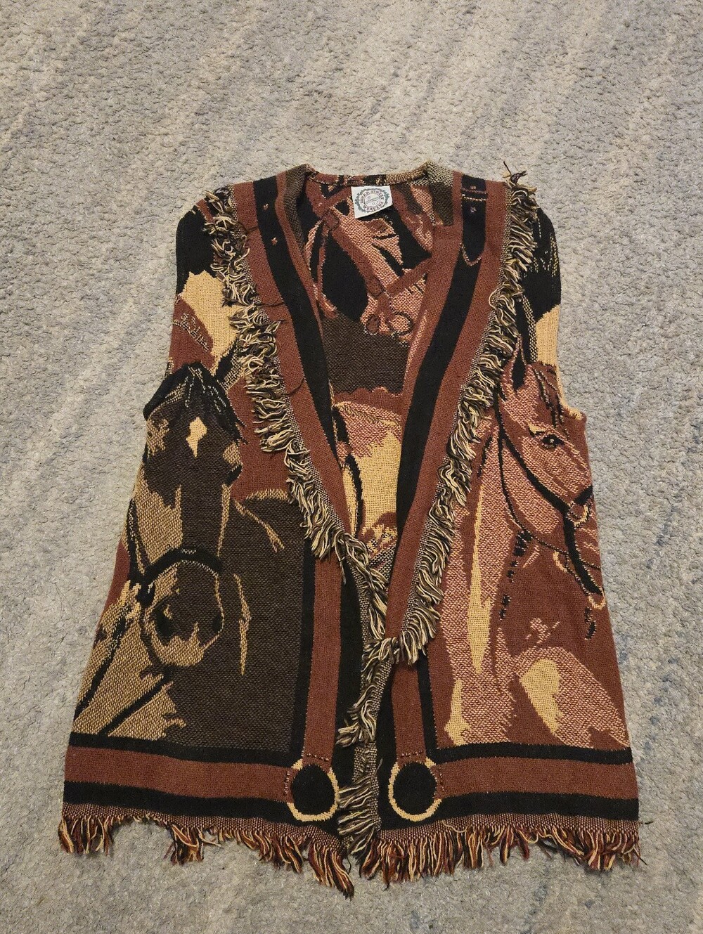 VTG Sugar Street Weavers Horse Tapestry Vest Fringe Cotton Western One Size USA